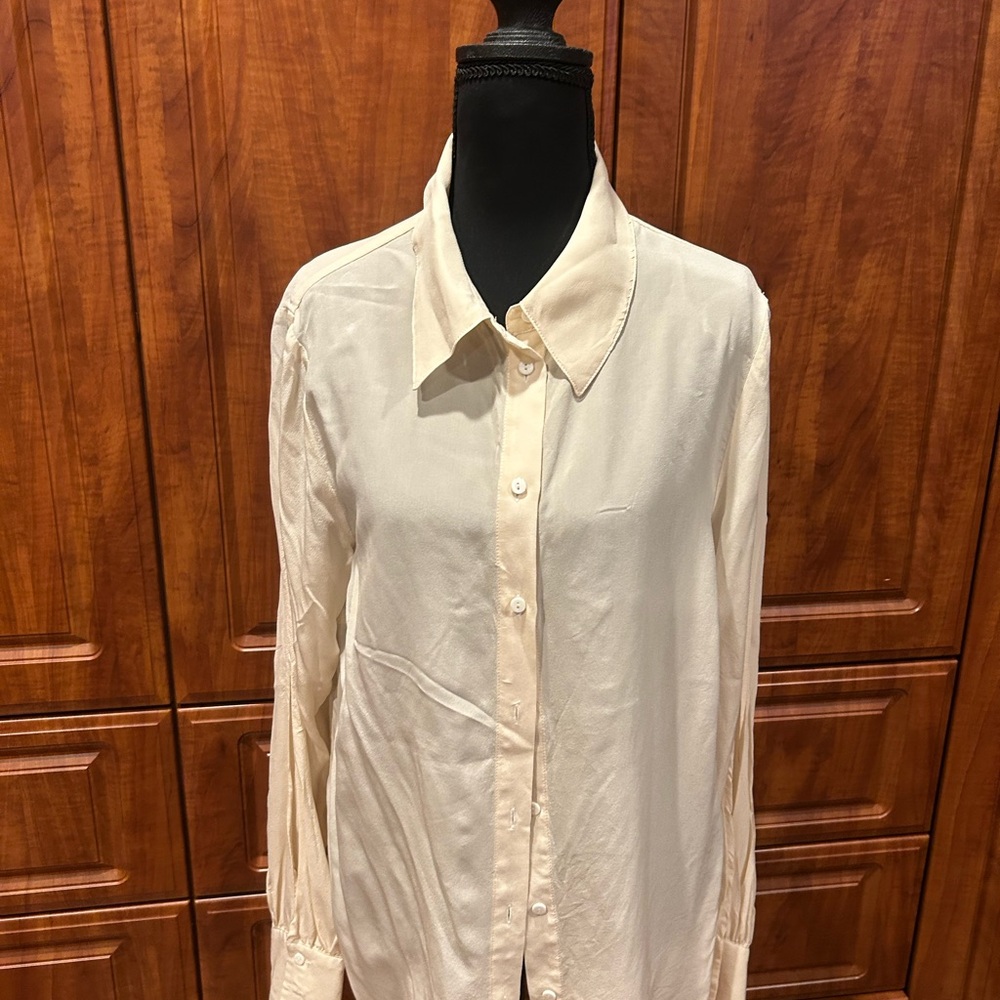 Women's Cream Button Down Shirt silk , Large